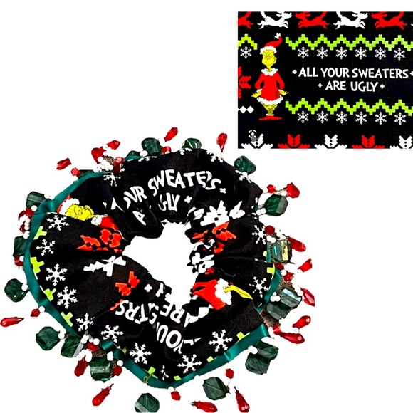 Christmas Grinch Scrunchie, Hair Accessory |Handmade Gift, Hair Tie, glass beads - Picture 1 of 14